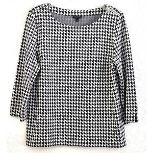 Top/Blouse-Talbots-Black White Houndstooth-3/4 Sleeve-Knit-Zipper Detail-Size L